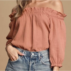 Lulus Blouse Womens Medium Terracotta Off Shoulder Gauze Ruffle 3/4 Sleeve